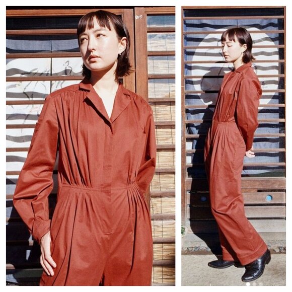 REVES August Front Pleated Jumpsuit Rust Red